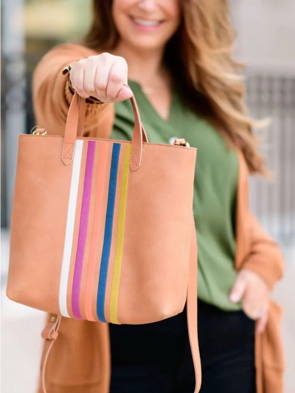 Madewell Tan Tote with Multicolor Vertical Stripe Detail